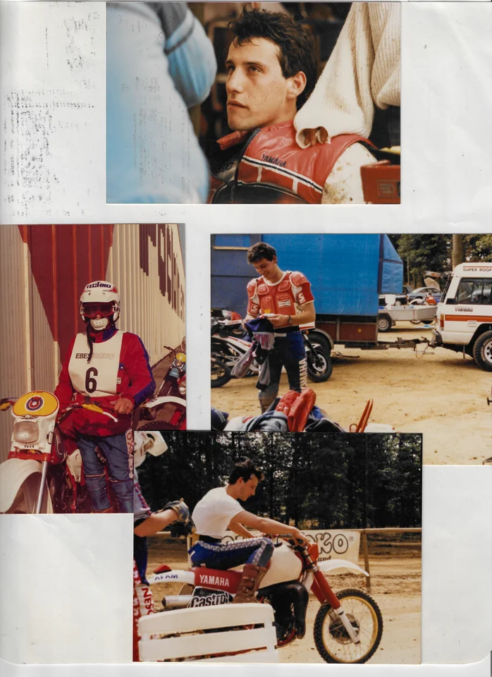 Page d’album réunissant quatre photos d’archives, dont un portrait d’Olivier et des scènes avec ses motos.