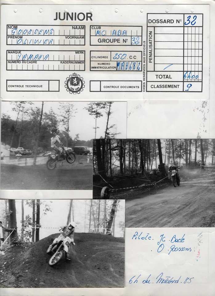 Page d’archives avec une fiche de course Junior au nom d’Olivier Goossens et trois photos d’enduro en noir et blanc.